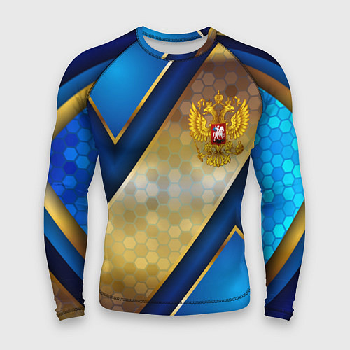 Мужской рашгард Золотой герб России на синем объемном фоне / 3D-принт – фото 1