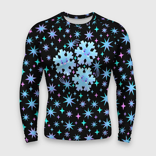 Мужской рашгард Снежинки в ночном небе с цветными звездами / 3D-принт – фото 1