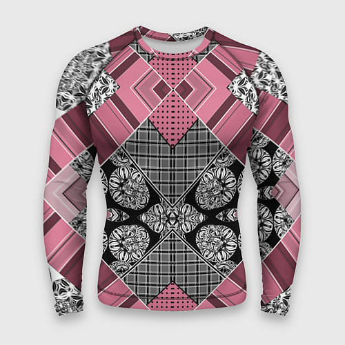 Мужской рашгард Геометрический розово-черный с белым узор / 3D-принт – фото 1