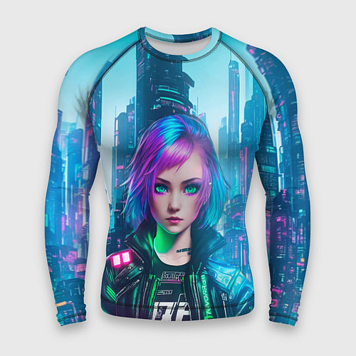 Мужской рашгард Девушка в стиле киберпанк на фоне неонового города / 3D-принт – фото 1