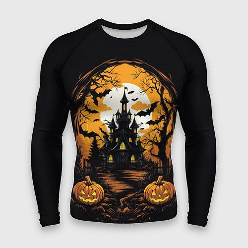 Мужской рашгард Ночной хэллоуинский замок и тыквы / 3D-принт – фото 1