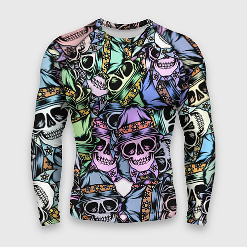 Мужской рашгард Разноцветные черепа в кепке паттерн / 3D-принт – фото 1