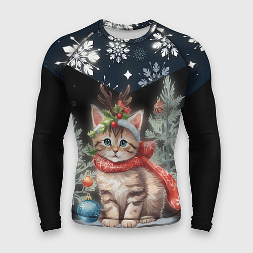 Мужской рашгард Новогодний котик у ёлок в шарфе горы в снежинках / 3D-принт – фото 1