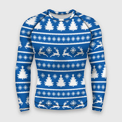 Рашгард мужской Синий свитер с новогодними оленями, цвет: 3D-принт