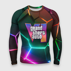 Рашгард мужской GTA 6 лого на фоне разлома разноцветных плит, цвет: 3D-принт