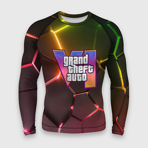 Мужской рашгард GTA 6 лого на фоне разлома радужных плит / 3D-принт – фото 1