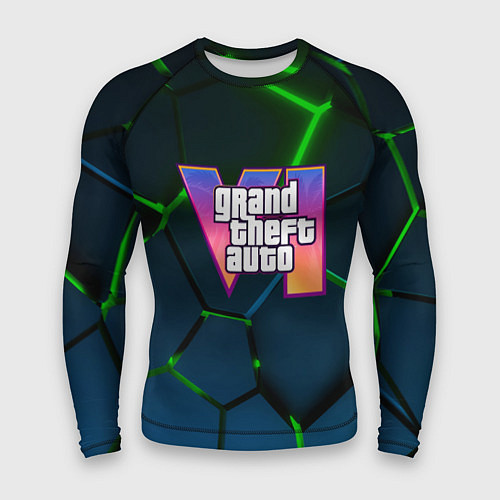Мужской рашгард GTA 6 лого на фоне разлома зеленых плит / 3D-принт – фото 1