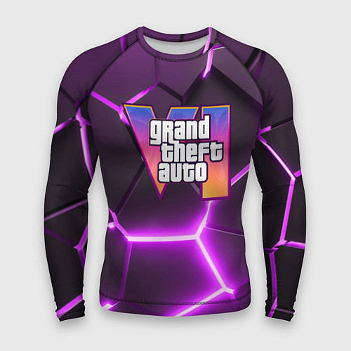 Мужской рашгард GTA 6 лого на фоне разлома фиолетовых плит / 3D-принт – фото 1