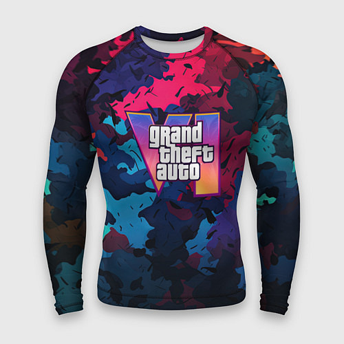 Мужской рашгард GTA 6 logo яркий неоновый камуфляжный стиль / 3D-принт – фото 1