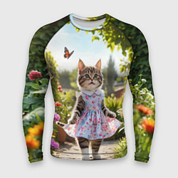 Мужской рашгард Кошка в летнем платье в саду