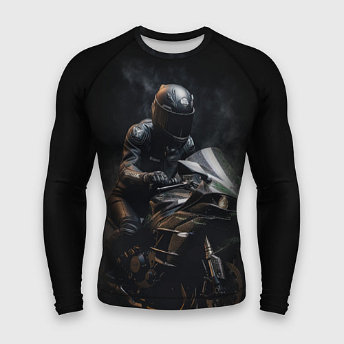 Мужской рашгард Мотоциклист на спортивном байке черный фон / 3D-принт – фото 1