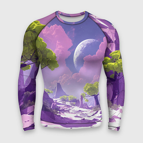 Мужской рашгард Фиолетовые горы зеленые деревья и космос / 3D-принт – фото 1