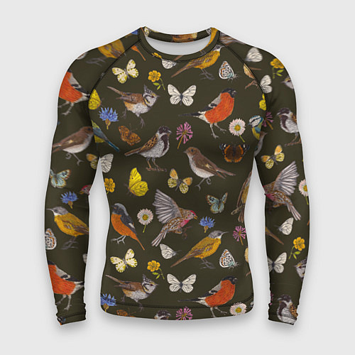 Мужской рашгард Птицы и бабочки с цветами паттерн / 3D-принт – фото 1