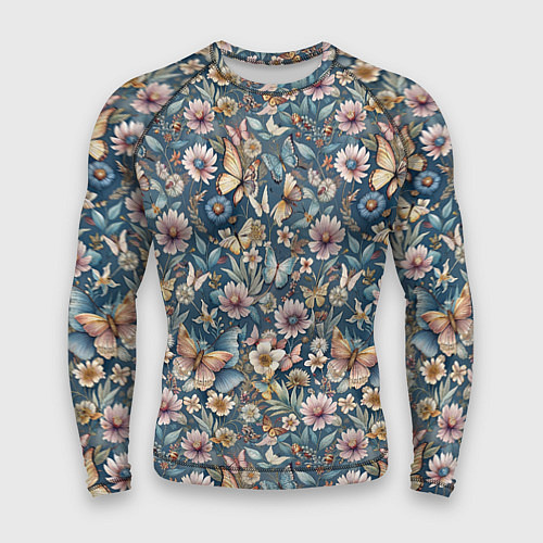 Мужской рашгард Летний узор с цветами и бабочками / 3D-принт – фото 1