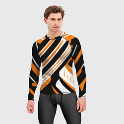 Рашгард мужской Чёрно-оранжевые полосы на белом фоне, цвет: 3D-принт — фото 2