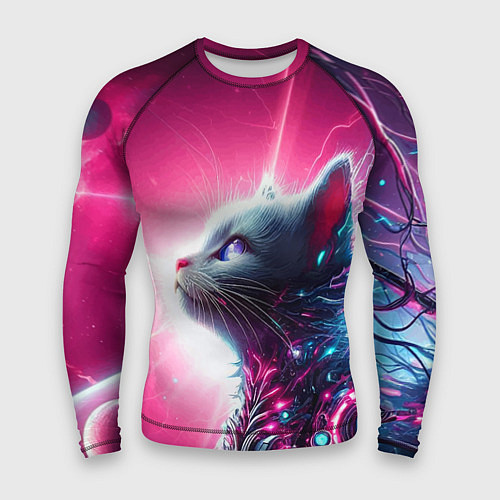 Мужской рашгард Космический кибер котёнок - неоновое свечение / 3D-принт – фото 1
