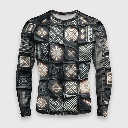 Мужской рашгард Африканские знаки на пэчворк дениме / 3D-принт – фото 1