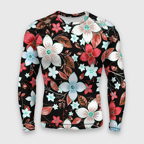 Мужской рашгард Красно-белые цветы на чёрном фоне / 3D-принт – фото 1