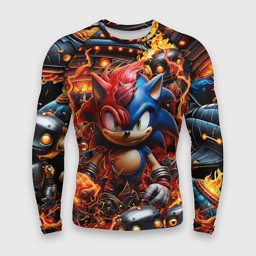 Мужской рашгард Соник и Наклз на фоне огня и роботов / 3D-принт – фото 1