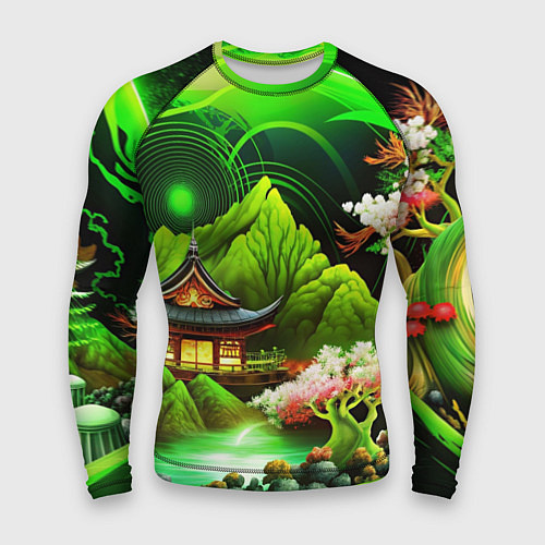 Мужской рашгард Природа Японии в зеленых цветах / 3D-принт – фото 1