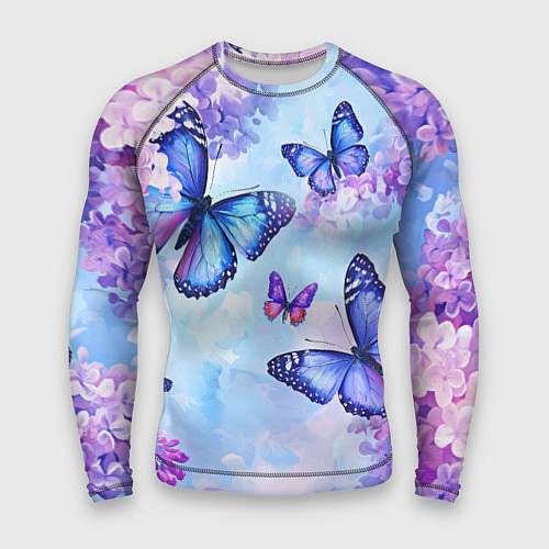 Мужской рашгард Бабочки и сирень - нежная голубая живопись / 3D-принт – фото 1