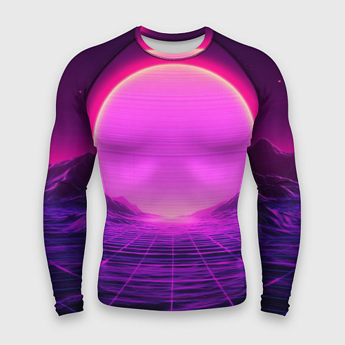 Мужской рашгард Синтвейв ретровейв неоновый узор и солнце / 3D-принт – фото 1