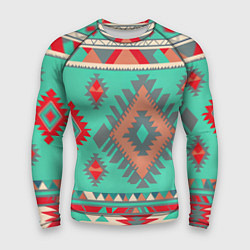 Мужской рашгард Оранжево бирюзовый геометрический узор в стиле ацт