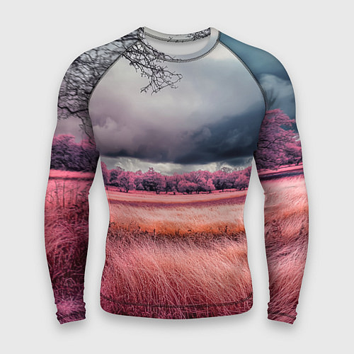 Мужской рашгард Поле и деревья пейзаж - инфракрасный стиль / 3D-принт – фото 1