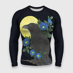 Рашгард мужской Чёрный ворон на ветке среди синих цветов под луной, цвет: 3D-принт