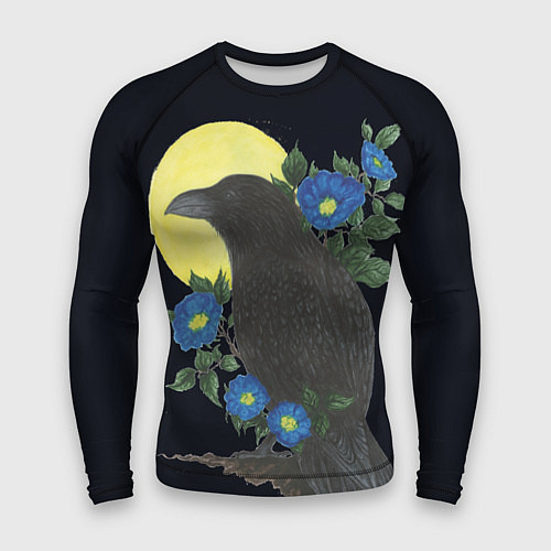 Мужской рашгард Чёрный ворон на ветке среди синих цветов под луной / 3D-принт – фото 1