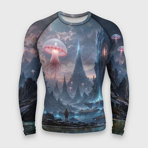 Мужской рашгард Фантастический мир с медузами и озеро у гор / 3D-принт – фото 1