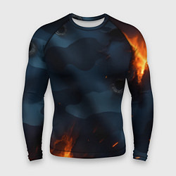 Рашгард мужской Разорванный синий камуфляж с огнем, цвет: 3D-принт