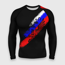 Мужской рашгард Герб на фоне цветов флага на чёрном фоне