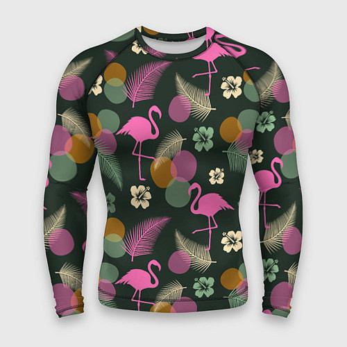 Мужской рашгард Фламинго и листья на темно-зеленом / 3D-принт – фото 1