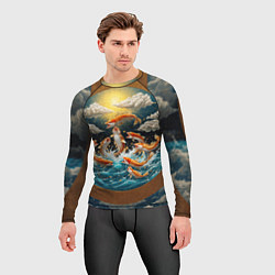 Рашгард мужской Большие золотистые рыбы выпрыгивают из воды, цвет: 3D-принт — фото 2