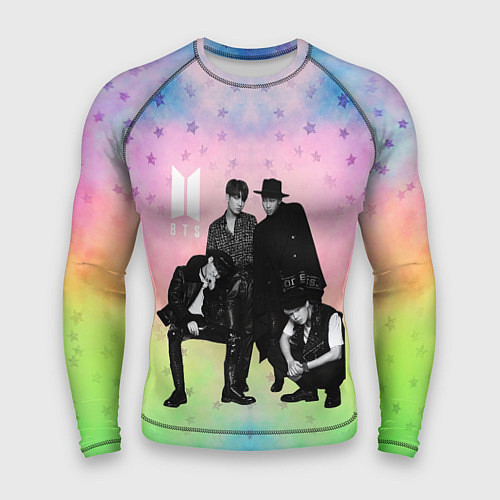 Мужской рашгард BTS черно-белый стиль на радужном фоне / 3D-принт – фото 1