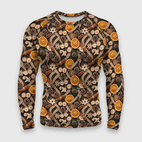 Мужской рашгард Новогодний орнамент с корицей и дольками апельсина / 3D-принт – фото 1