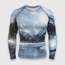 Рашгард мужской Снежный горный пейзаж с елями и рекой, цвет: 3D-принт
