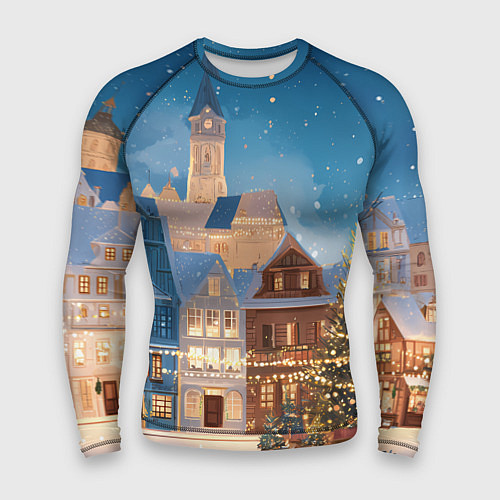 Мужской рашгард Новогодний дворик и елка / 3D-принт – фото 1