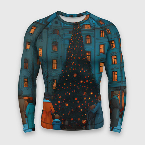 Мужской рашгард Люди встречают новый год во дворе / 3D-принт – фото 1
