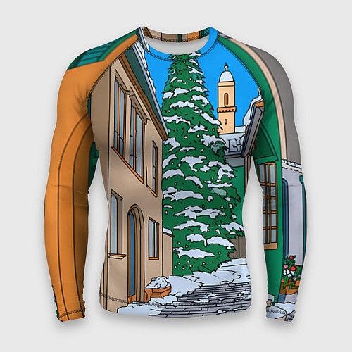 Мужской рашгард Новогодняя мультяшная улица / 3D-принт – фото 1