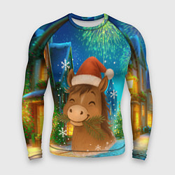 Рашгард мужской Новогодняя лошадка жует елочные ветки, цвет: 3D-принт