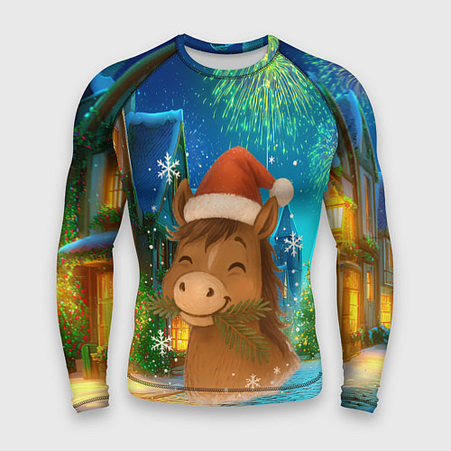 Мужской рашгард Новогодняя лошадка жует елочные ветки / 3D-принт – фото 1