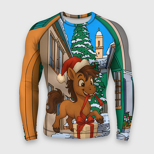 Мужской рашгард Лошадка распаковывает новогодний подарок / 3D-принт – фото 1