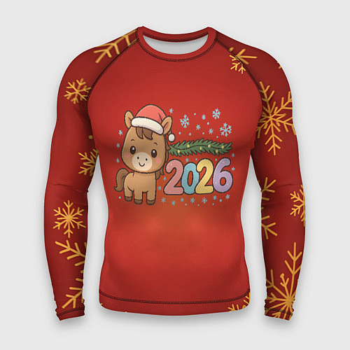 Мужской рашгард Новогодняя лошадка 2026 на красном фоне / 3D-принт – фото 1