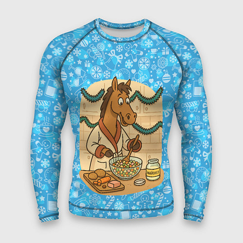 Мужской рашгард Лошадь готовит Оливье на Новый год / 3D-принт – фото 1