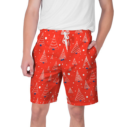 Мужские шорты Контур из белых елочек на красном фоне с синим сне / 3D-принт – фото 1