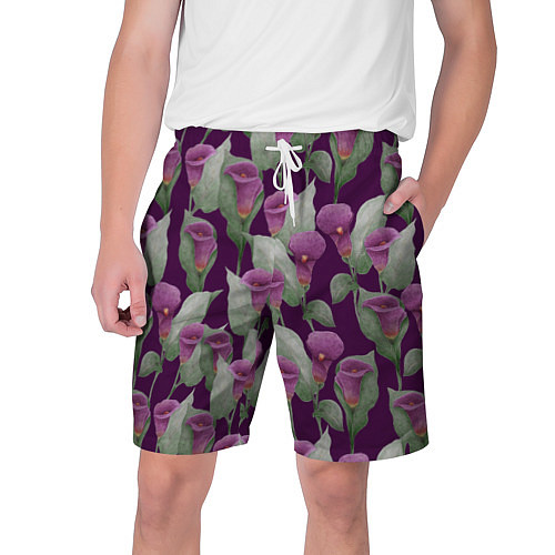 Мужские шорты Фиолетовые каллы на темно фиолетовом фоне / 3D-принт – фото 1