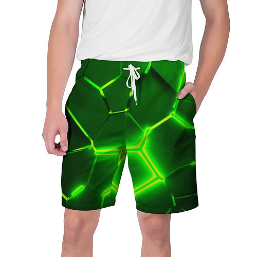Мужские шорты 3D ПЛИТЫ НЕОН NEON GREEN HEXAGON РАЗЛОМ / 3D-принт – фото 1