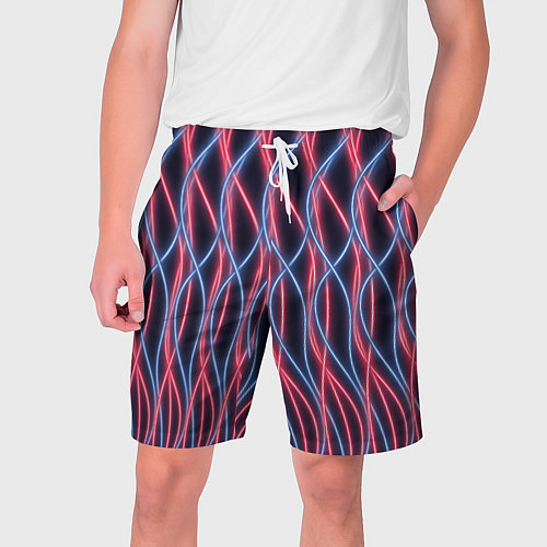 Мужские шорты Неоновые волны Розовый и голубой на темном фоне / 3D-принт – фото 1